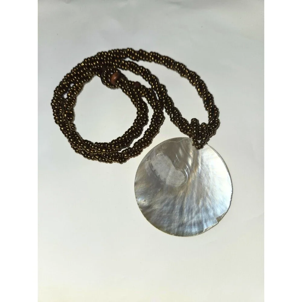 Mother of Pearl Floral Engraved Round Pendant Necklace Brown Seed Bead Boho